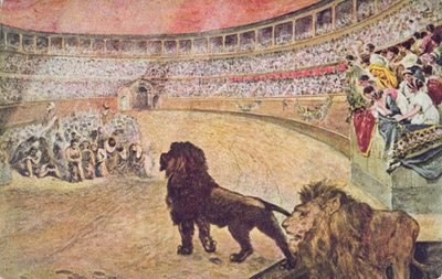 Ansichtkaart met afbeelding van christelijke martelaren in de arena in Rome, ca. 1910 door A. del Senno